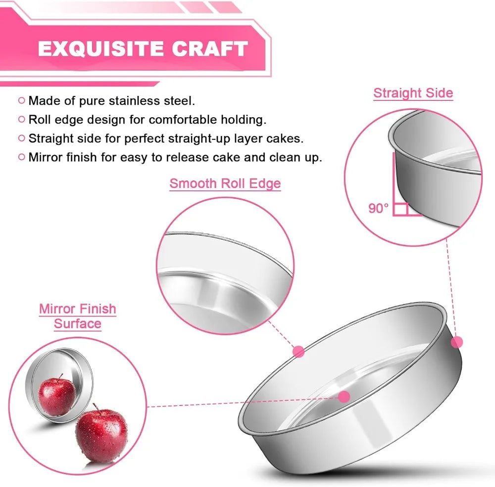 8 Inch Stainless Steel Cake Pan Set of 2, Round Layer Baking Pans, Non-Toxic, Leak-Proof, Easy Clean & Dishwasher Safe