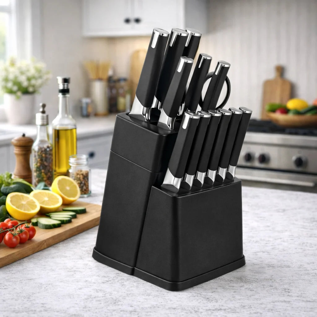 13Pcs Professional Kitchen Knife Block Set with 6 Steak Knives, High Carbon Stainless Steel Knives with Black Non-Stick Coating,
