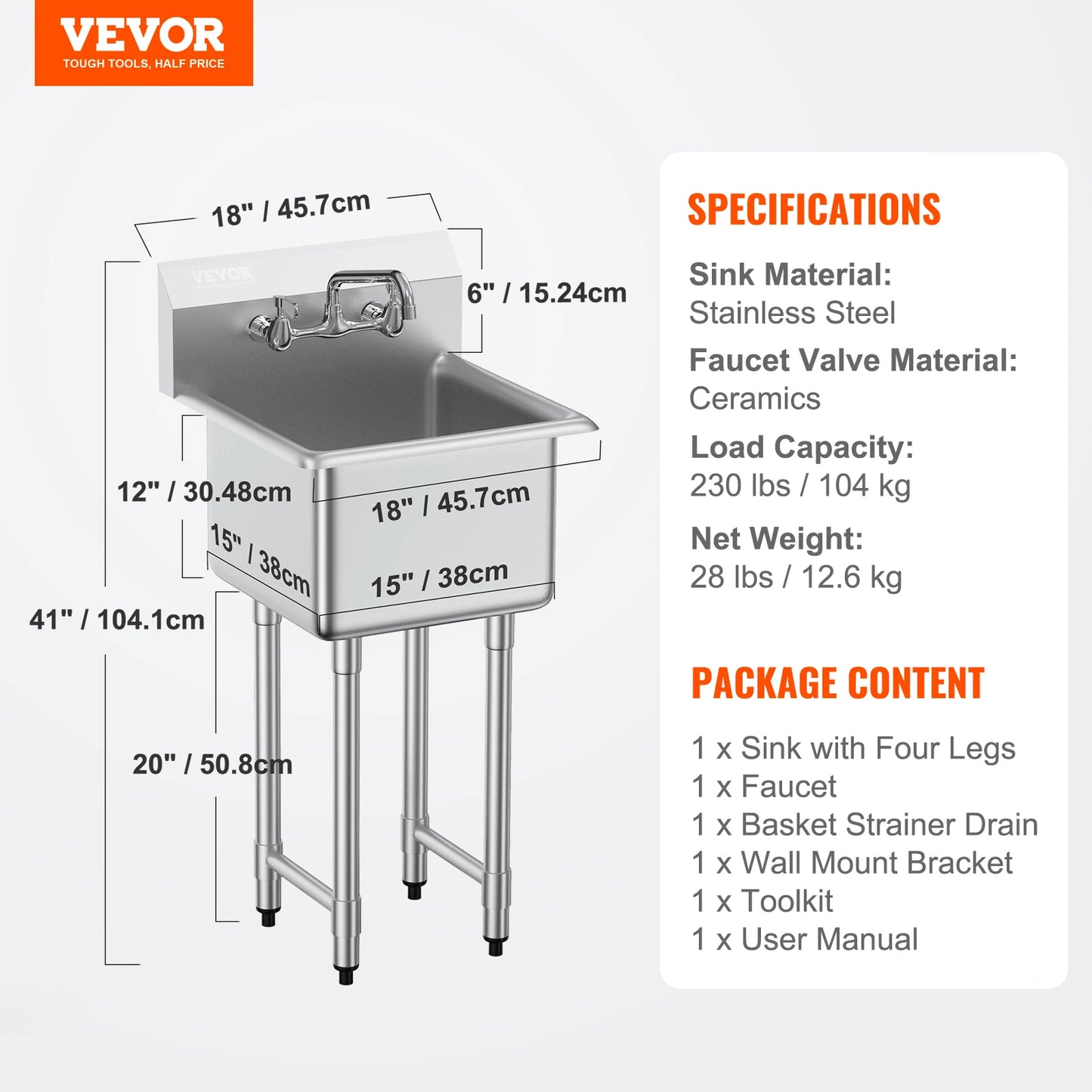 SucceBuy Stainless Steel Prep Sink 1 Compartment