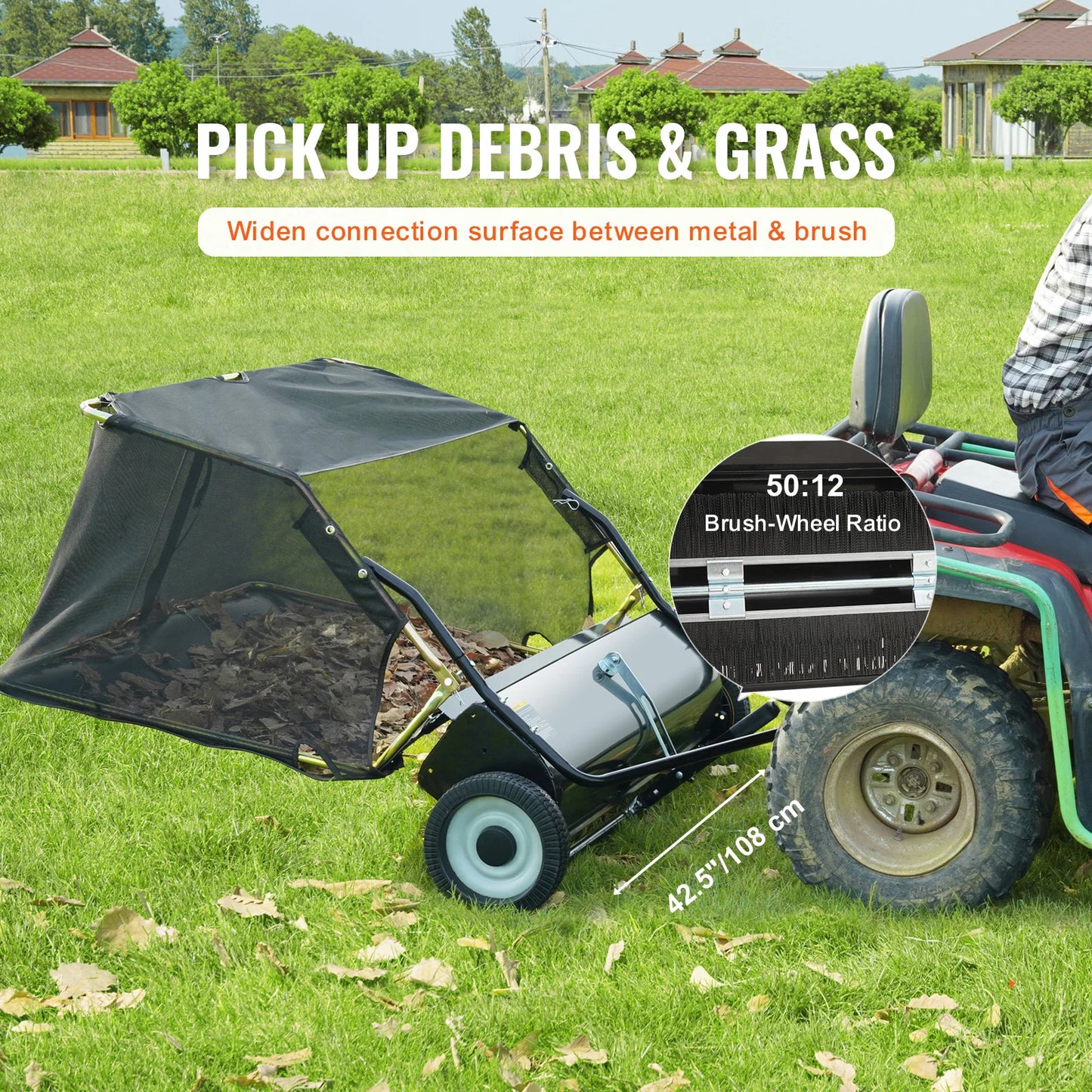 SucceBuy Tow Behind Lawn 21/26/44/50in Sweeper Large Capacity Heavy Duty Leaf & Grass Collector with Adjustable Sweeping Lawn