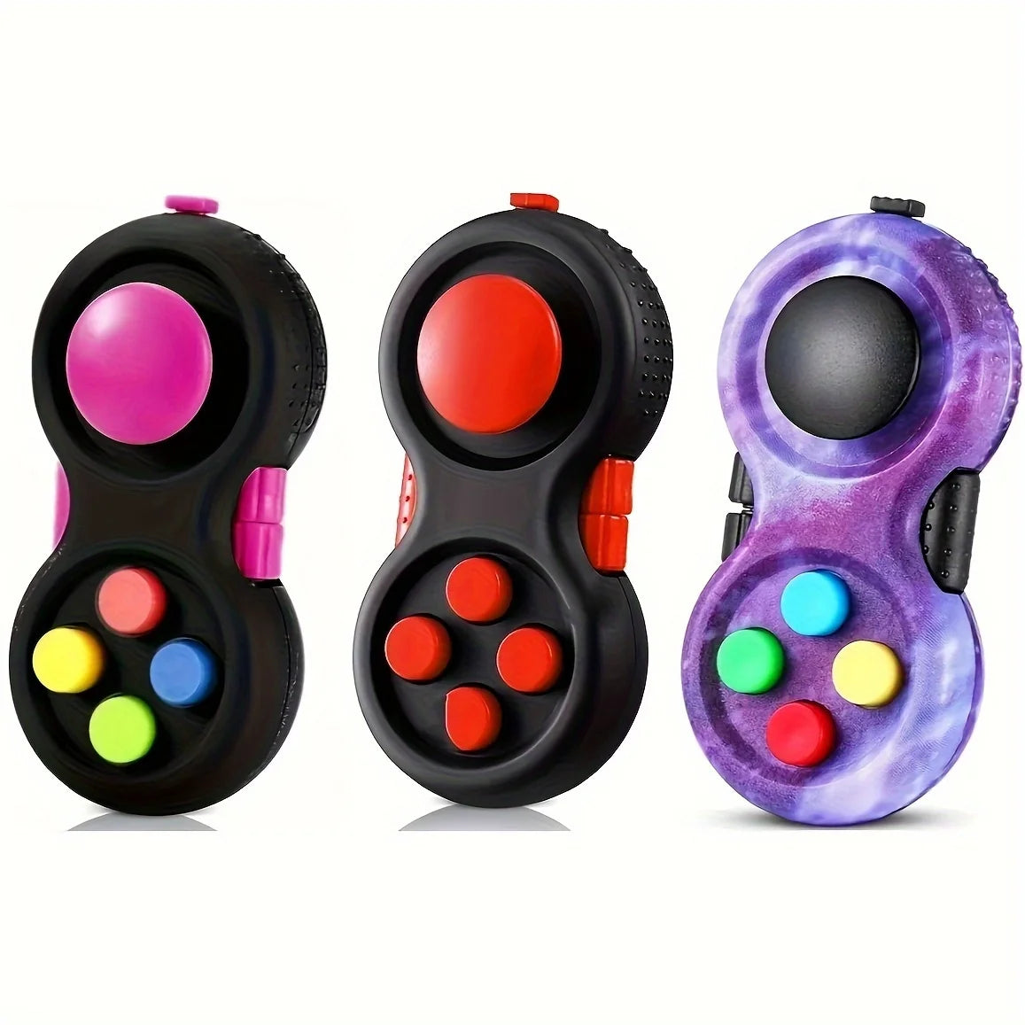 3pcs Retro Classic Handheld Fidget Controllers - Vibrant & Fun Relax Toys with 8 Fidgeting Options, Clickable Buttons, Game Joystick, and Massage Roller in Assorted Colors