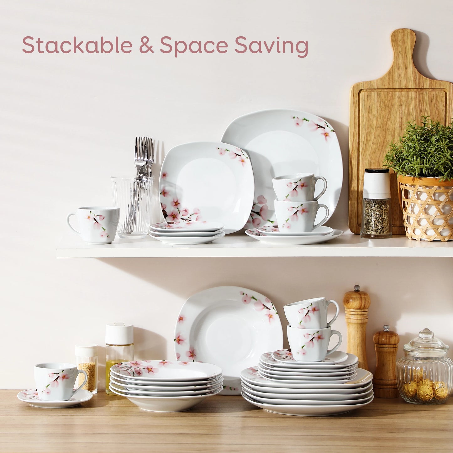 VEWEET ANNIE 30/24/20 Pcs Porcelain Dinnerware Set Pink Floral Plates Dinner Set with Dinner Plate/Dessert/Soup/Cup/Saucer