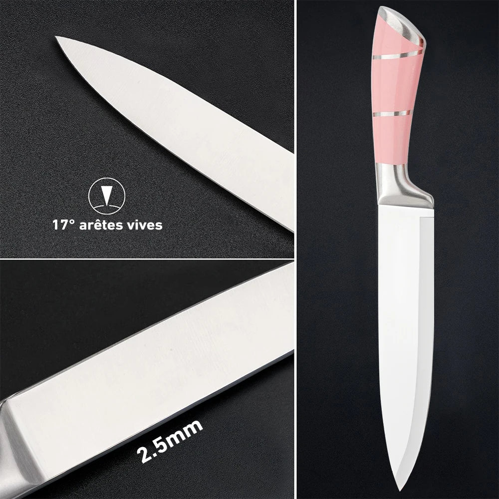 9 Pcs Pink Hollow Handle Stainless Steel Kitchen Knife Set with Rotatable Knife Block, Multipurpose Cooking Cutlery Kit Includes Chef Knife Cleaver Bread Knife Utility Paring Knife, Kitchen Scissors, Fruit Peeler and Sharpeni