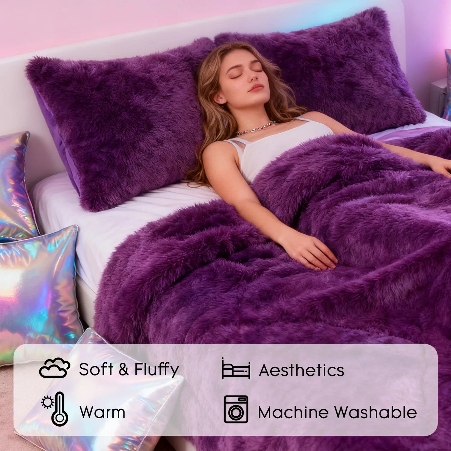 3pc Solid Color Shaggy Comforter Set Luxury PV Faux Fur & Soft Velvet Back Ultra Plush Warm Winter Quilt Thick Minky Fleece Cozy
