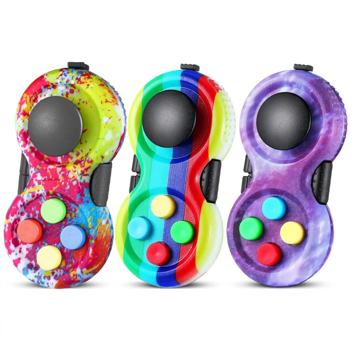 3pcs Retro Classic Handheld Fidget Controllers - Vibrant & Fun Relax Toys with 8 Fidgeting Options, Clickable Buttons, Game Joystick, and Massage Roller in Assorted Colors