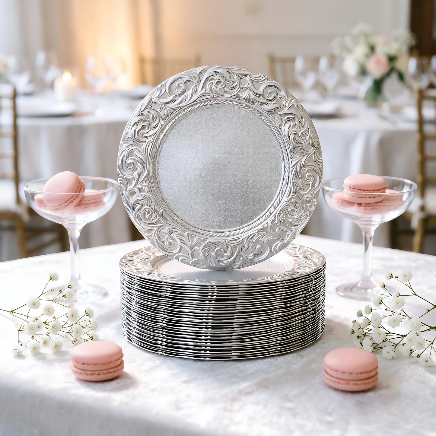 100 Pcs Silver Round Charger Plates Set, Reusable Serving Plates Disposable Platters for Wedding Party Banquets Picnics