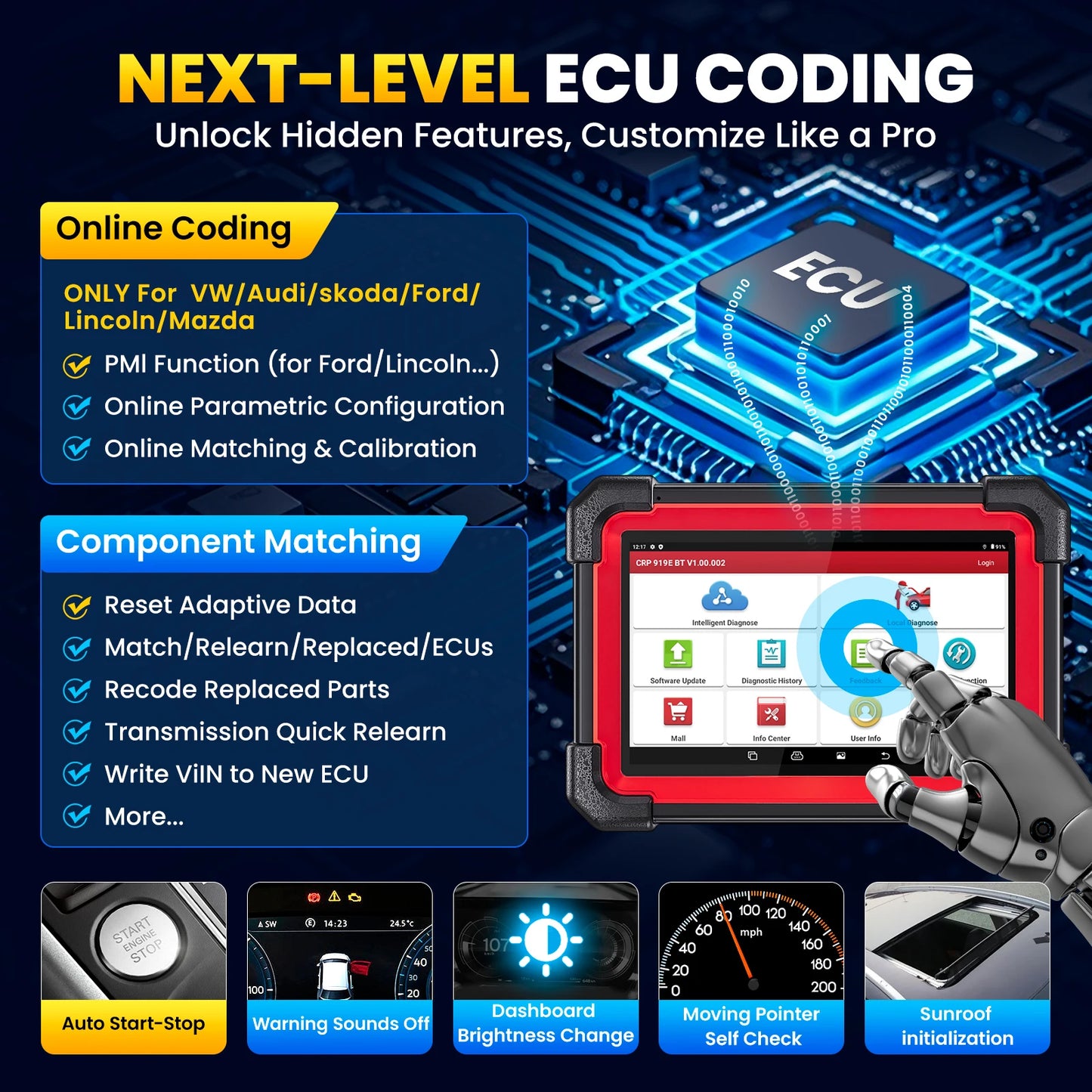 LAUNCH X431 CRP919E BT Car Diagnostic Tools CAN FD DOIP ALL Systems ECU Coding Bi-directional 35 Resets DBScar VII Auto Scanner