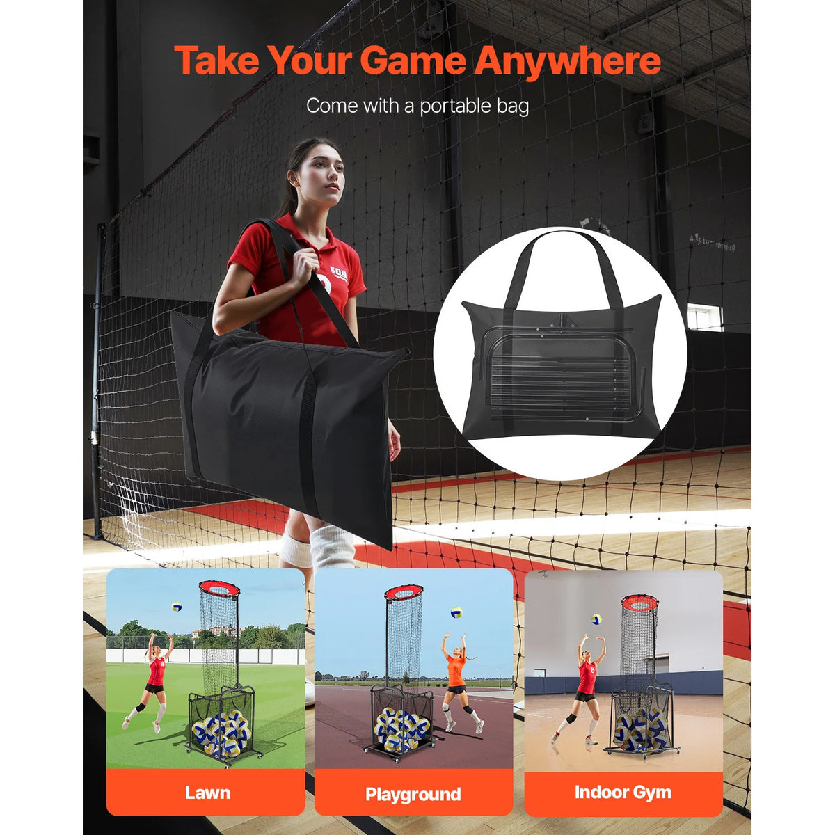 VEVOR Volleyball Setter Training Equipment Angle Height Adjustable with Cart Wheels Carrying Bag for Serving Spiking Setting