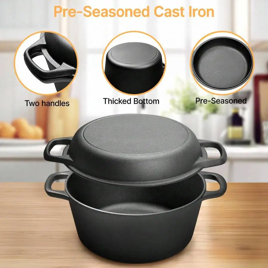 2-In-1 Pre-Seasoned Cast Iron Dutch Oven Pot With Skillet Lid Cooking Pan, Cast Iron Skillet Cookware Pan Set With Dual Handles Indoor Outdoor For Bread, Frying, Baking, Camping, BBQ, 5QT