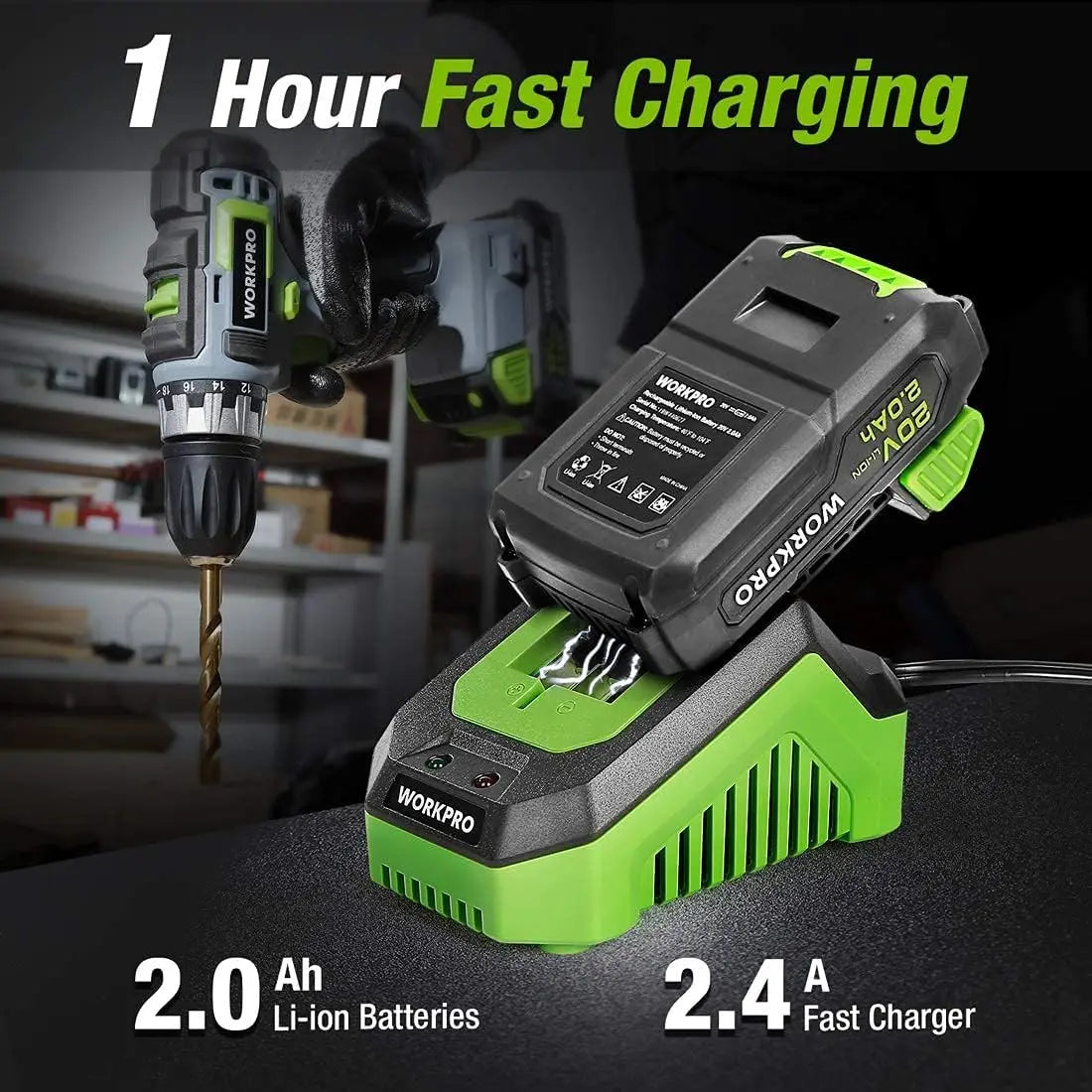 20V Cordless Drill & Impact Driver Combo Kit, 2x 2.0Ah Batteries & Fast Charger