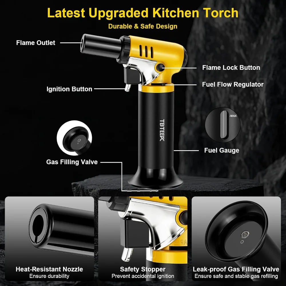 Butane Torch with Fuel Gauge, One-Hand Operation Kitchen Lighter, Adjustable Flame for BBQ, Baking, Brulee, Crafts & Soldering
