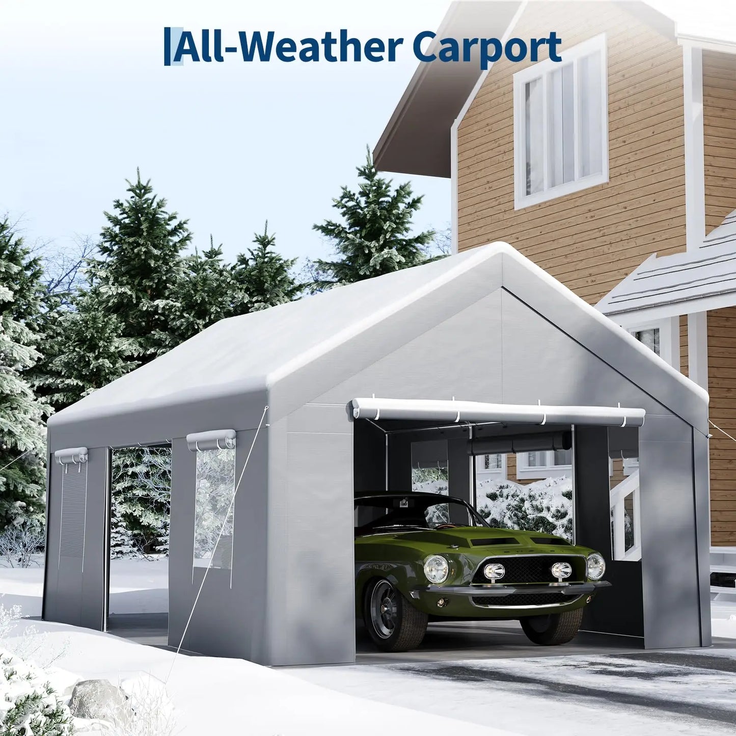 13x20 Heavy Duty Carport Canopy, Portable Garage Shelter With Roll Up Doors Mesh Windows, Galvanized Steel Frame