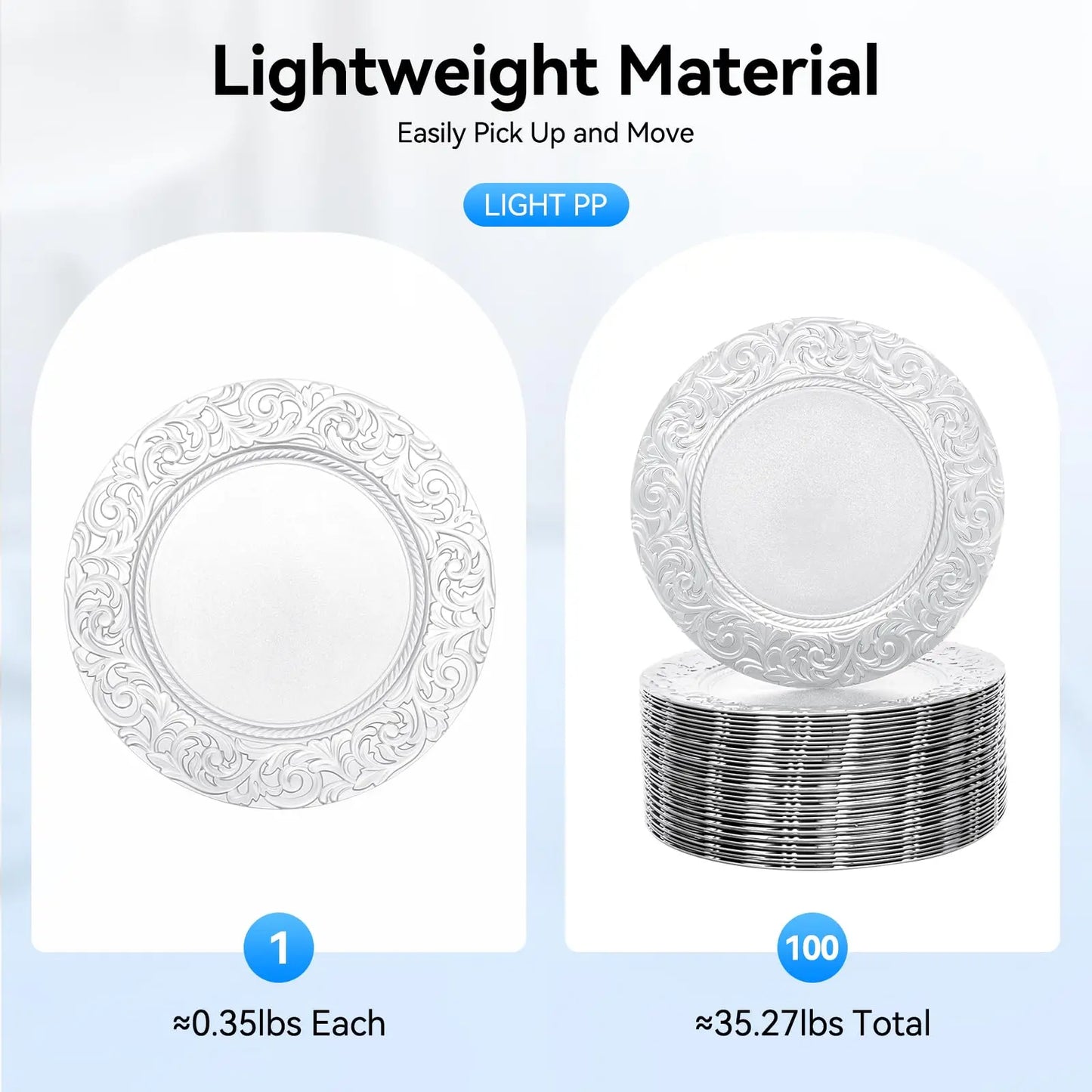 Thanksgiving day Gift 100 Pcs Silver Charger Plates Bulk, 13 In Round Charger Plates, Reusable Serving Silver Plate Chargers wit