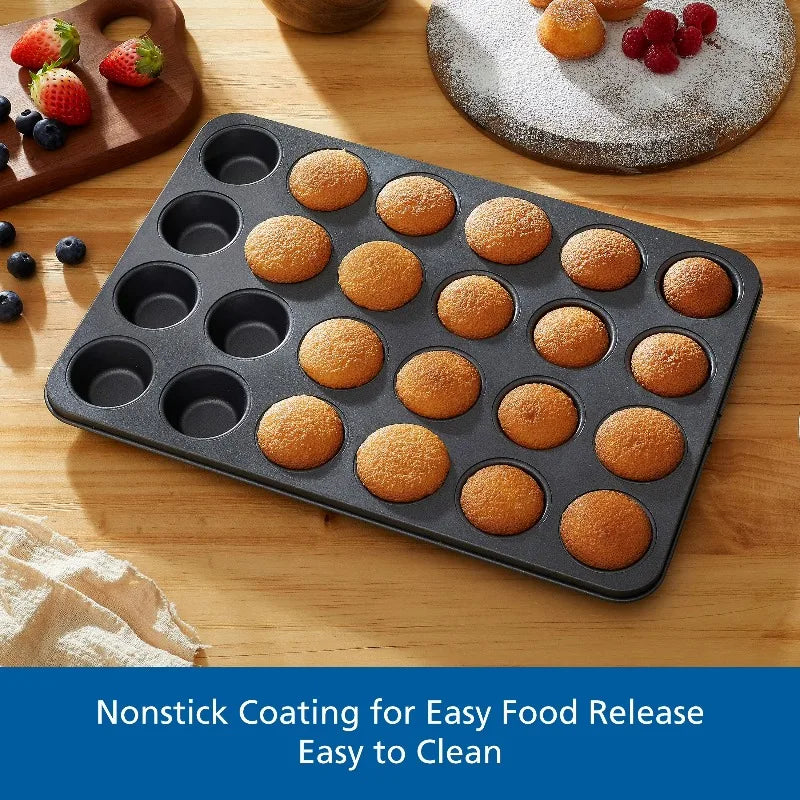 24 Cavity Mini Muffin Pan, Non-Stick Bakeware,1.8 inch Diameter Cups,Gray,Carbon Steel
