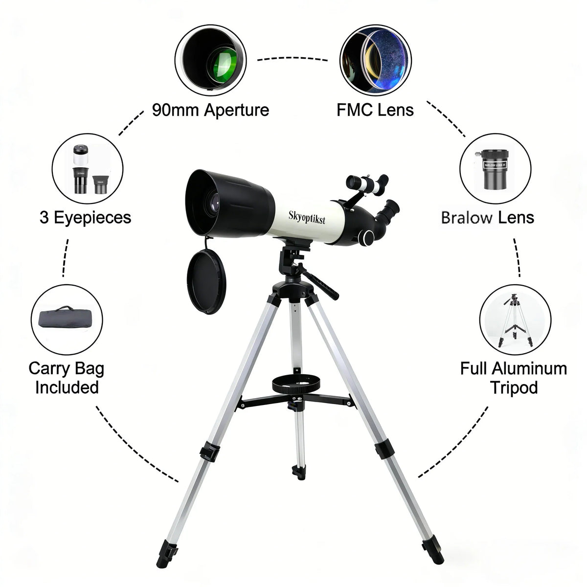 Skyoptikst 80/90mm Aperture Astronomical Telescope for Beginners,FMC Coating Refractor Telescope with Tripod,Eyepieces&Carry Bag