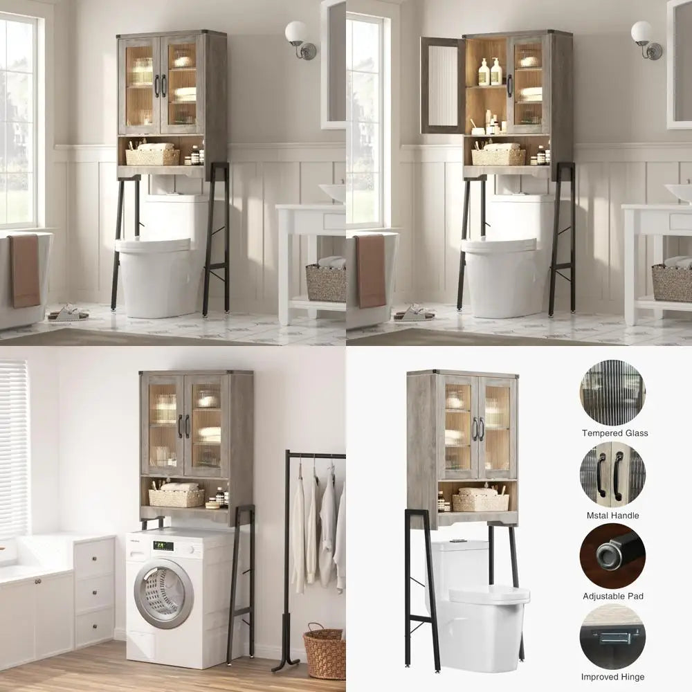 Bathroom Space-Saving Organizer: Metal Stand Over-the-Toilet Storage Cabinet with Tempered Glass Doors and Adjustable Shelves