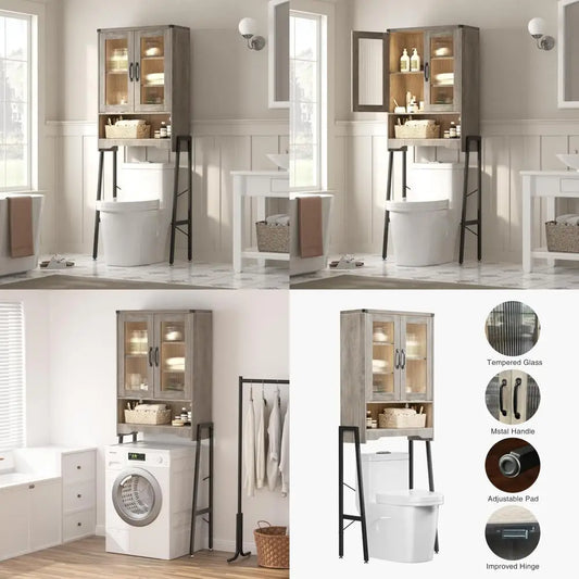 Bathroom Space-Saving Organizer: Metal Stand Over-the-Toilet Storage Cabinet with Tempered Glass Doors and Adjustable Shelves
