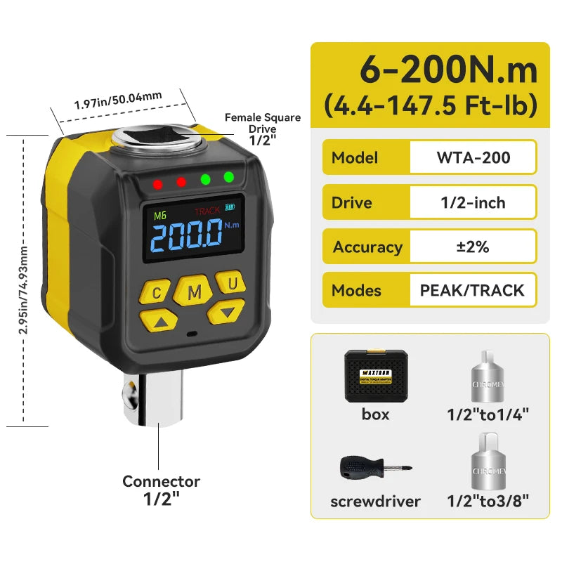 Digital Torque Wrench Adapter 6-400Nm 1/2'' 1/4'' 3/8'' Drive Digital Torque Gauge ±2% Accuracy Hand Tool Waxtron