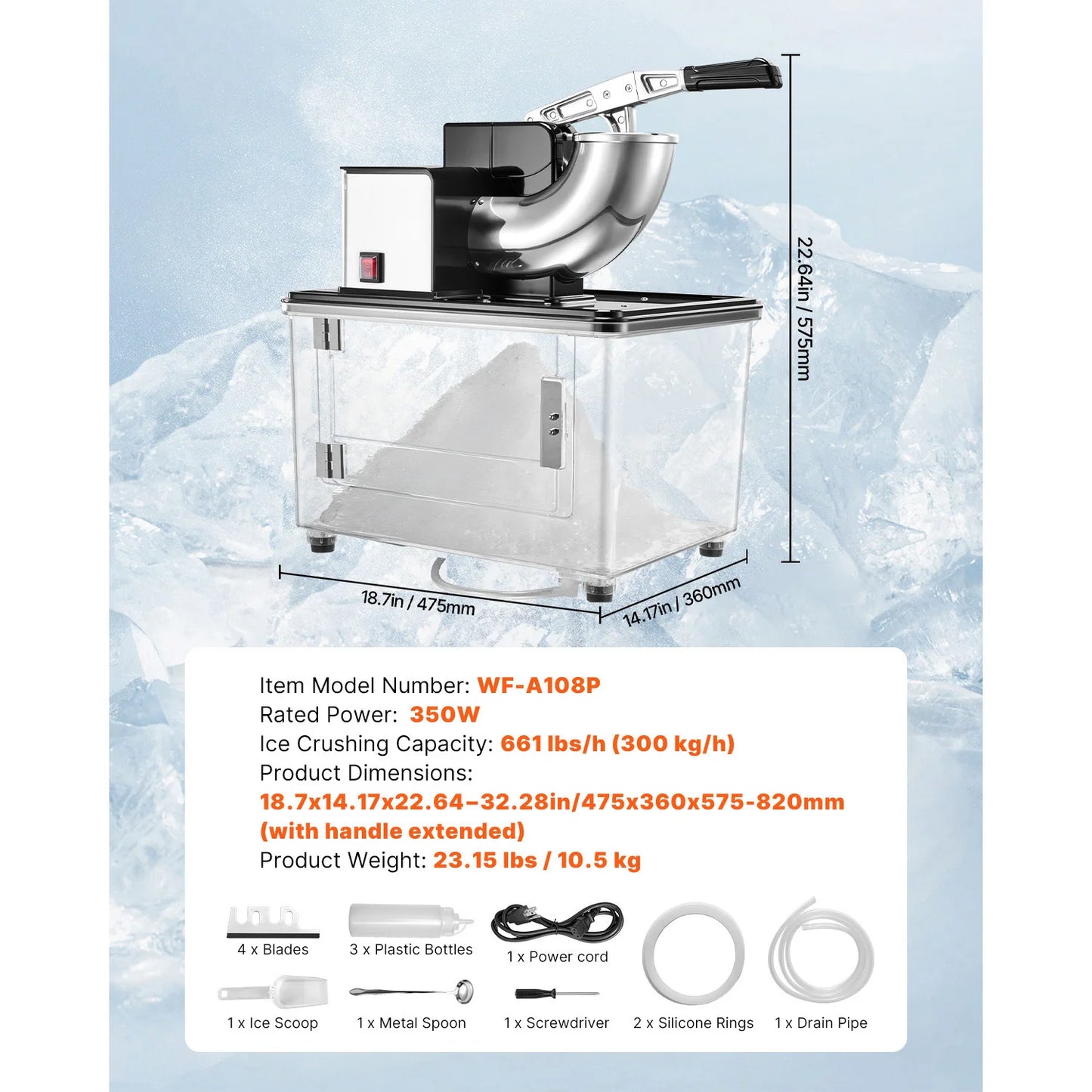 SucceBuy Commercial Ice Crusher 661LBS/H 350W Electric Snow Cone Machine Stainless Steel Shaved Ice Machine for Restaurants Bars
