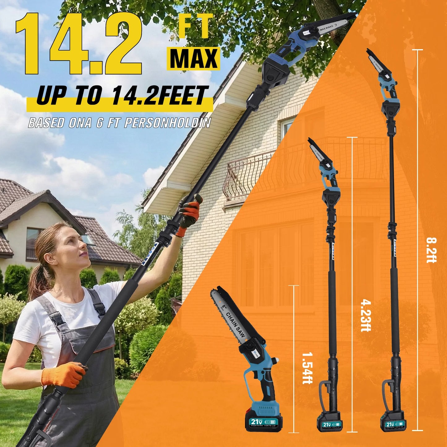 XYSD 2-in-1Cordless Pole Saw&Mini Chainsaw,6"&8"Electric Tree Trimmer with Extension Pole, Handheld Chain Saw for Branch Cutting