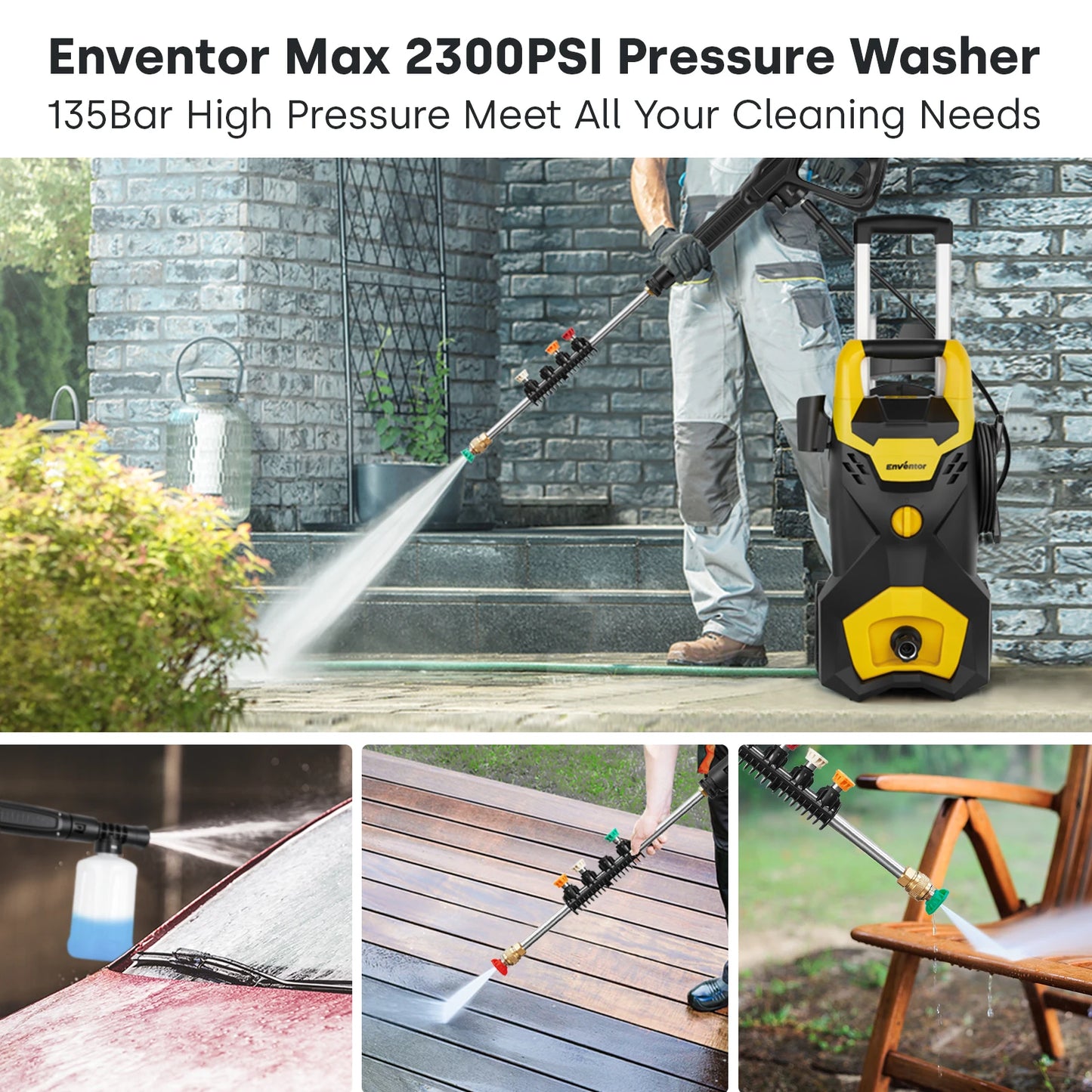 Enventor Electric Pressure Washer, 2300 PSI, Portable High Pressure Cleaner Machine, with 4 Nozzles, Foam Cannon for Cars, Homes