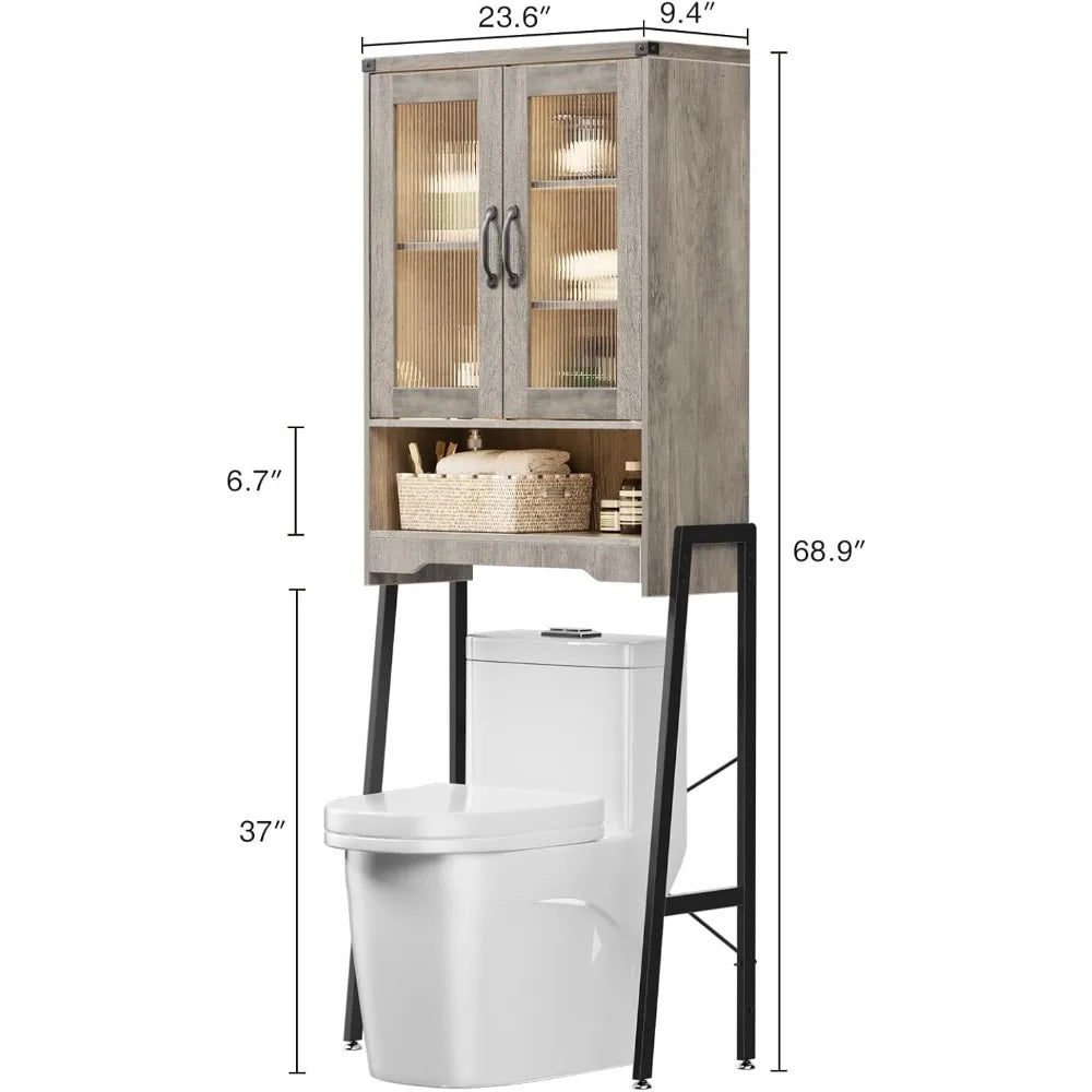 Bathroom Space-Saving Organizer: Metal Stand Over-the-Toilet Storage Cabinet with Tempered Glass Doors and Adjustable Shelves