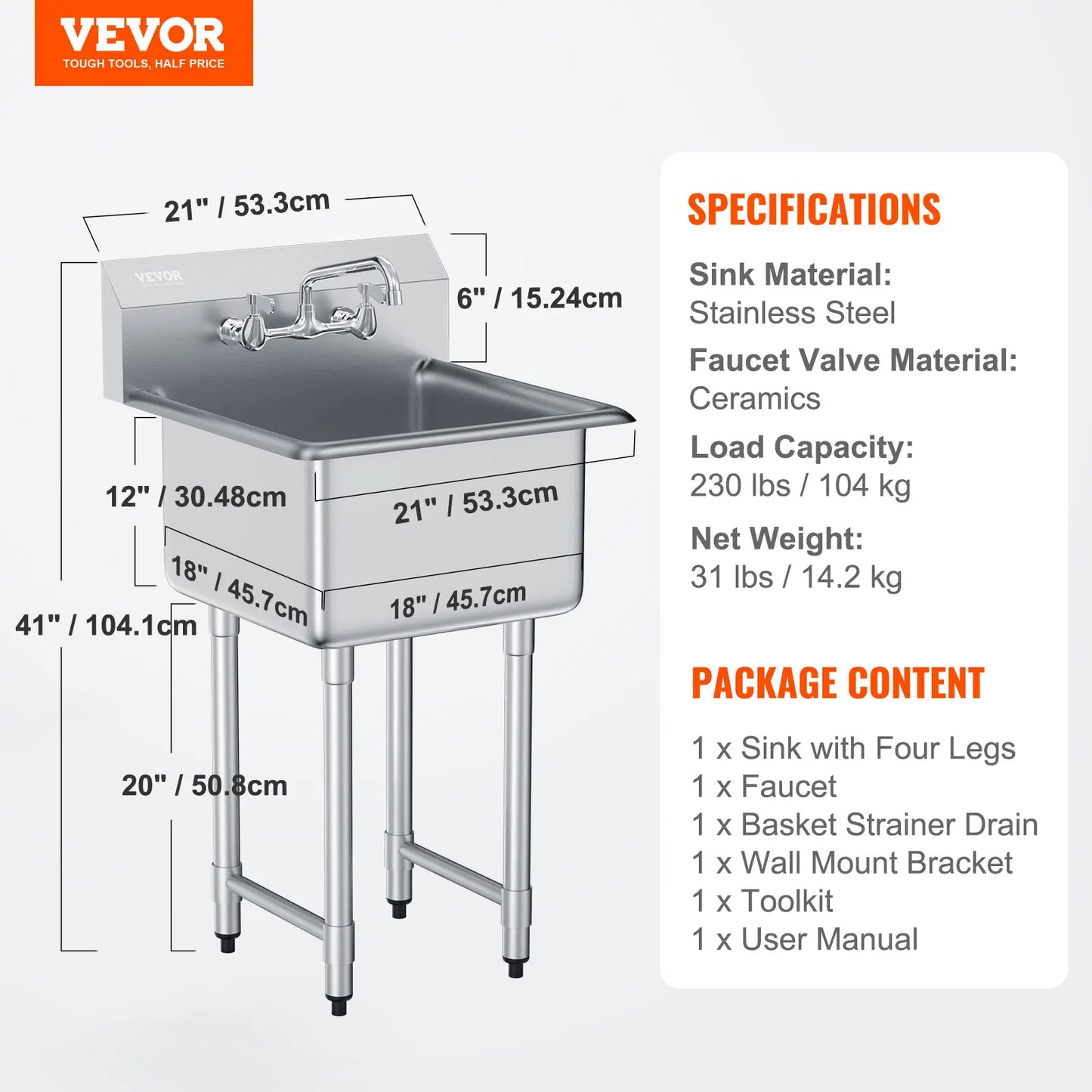 SucceBuy Stainless Steel Prep Sink 1 Compartment