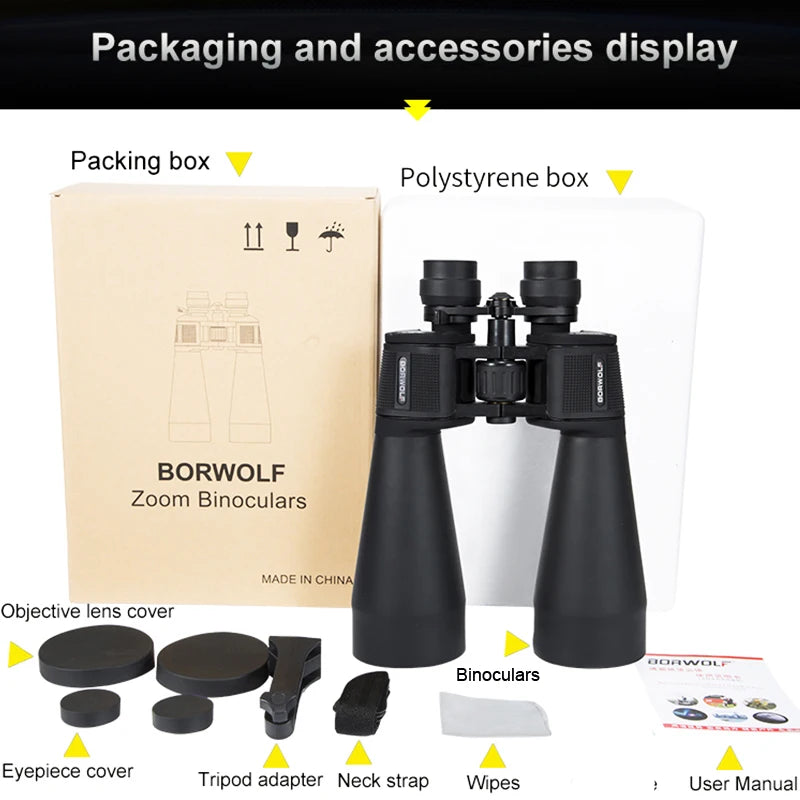Borwolf Binoculars Zoom HD Bak4 Prism Professional