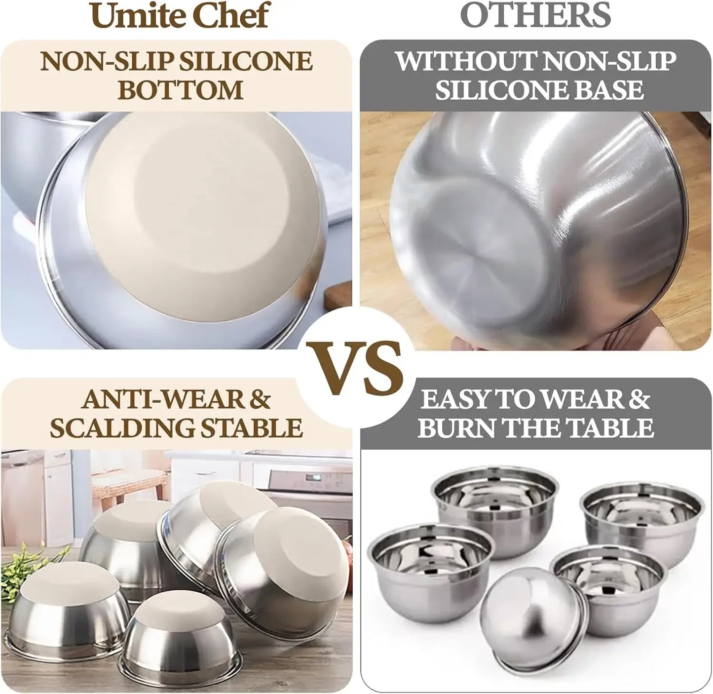 Mixing Bowls with Airtight Lids Set, 8PCS Stainless Steel Nesting Bowls with Grater Attachments, Non-Slip Bottoms, 5, 4, 3.5, 2, 1.5QT for Mixing & Serving