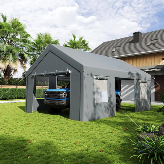 13x20 Heavy Duty Carport Canopy, Portable Garage Shelter With Roll Up Doors Mesh Windows, Galvanized Steel Frame