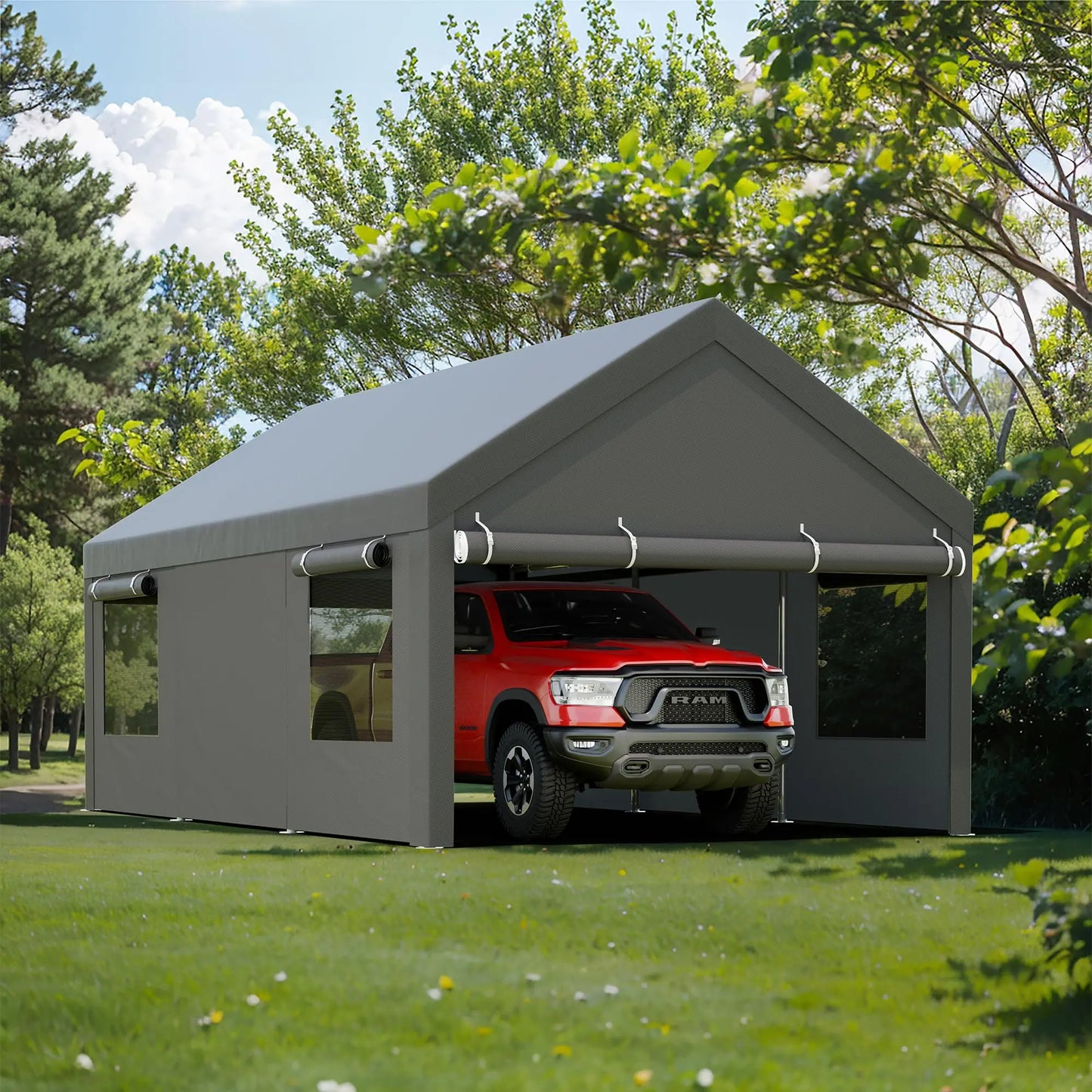 12x20 FT Heavy Duty Carport Canopy Portable Garage with Removable Side Walls Roll-Up Windows Sandbags All Season Waterproof Tarp for Cars Trucks Boats Grey