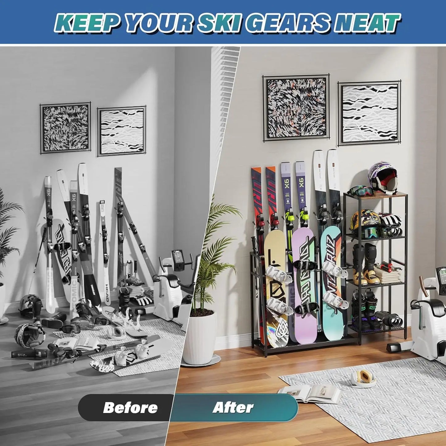 Freestanding Snowboard Rack - 4 Pair Ski, 3 Pack Snowboard, Boot, Pole, Goggles, Helmet Rack for Garage, Shed, Basement