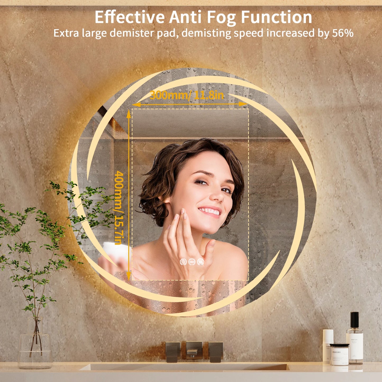 60/80CM LED Bathroom Mirror Circle Backlit HD Wall Antifog Vanity Mirror Shatterproof 3 Colors Lights Dimmable