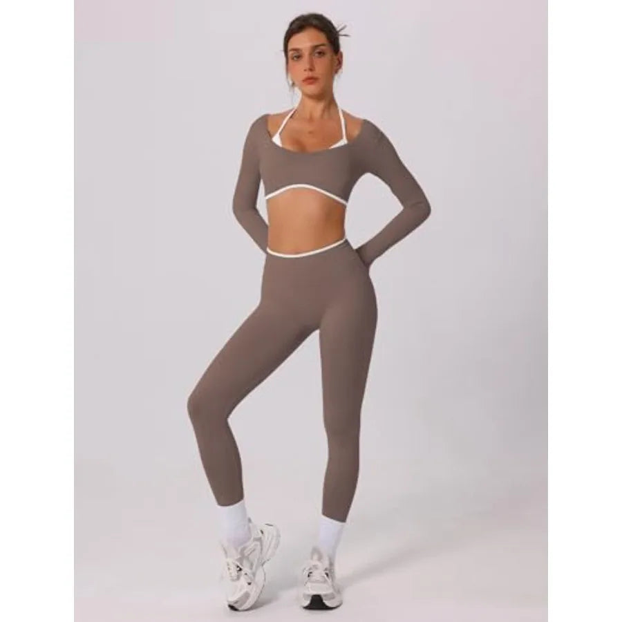 ABOCIW Workout Sets for Women Long Sleeve Crop Top Scrunch Butt Lifting High Waist Leggings 2 Pcs Gym Yoga Outfits