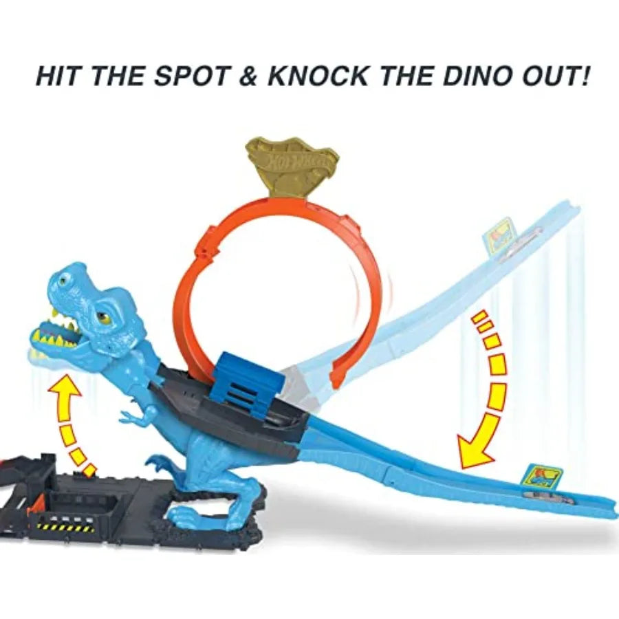 City Track Set with 1 Toy Car, Race Through a Giant Loop to Defeat a Big Dinosaur, T-Rex Loop Stunt and Race Playset