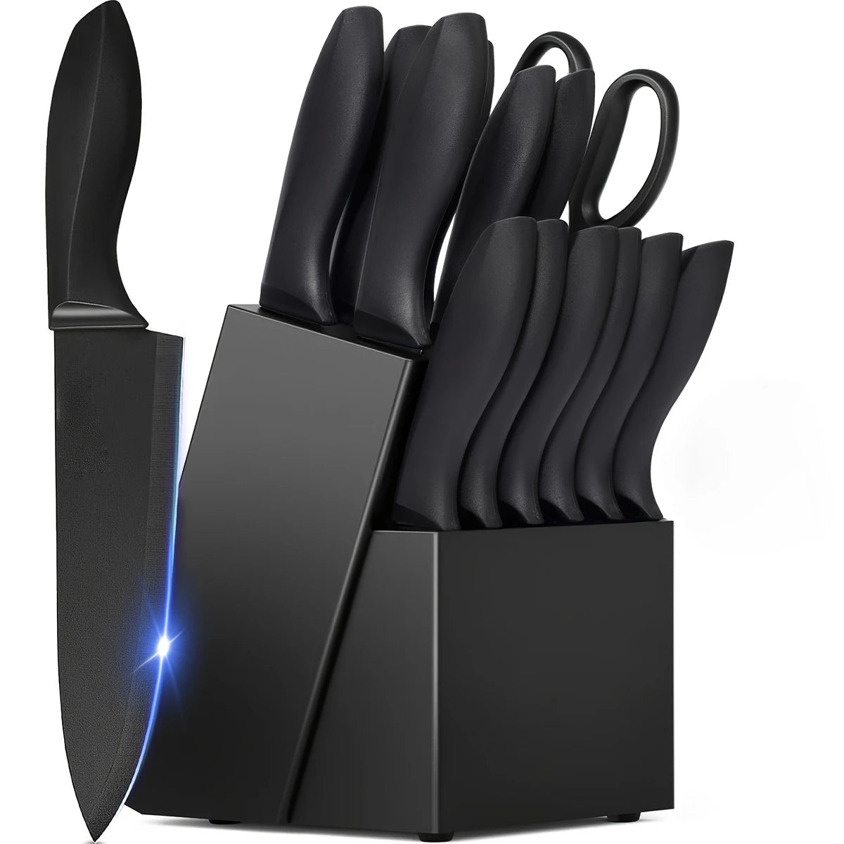 15Pcs Full Stainless Steel Kitchen Knife Set with Black Knife Block, All-in-one Hollow Handle Chef Knives Sharpener Scissor, Ultra Sharp Slicing Bread Steak Paring Knives Home Cooking Cutlery Gift Set