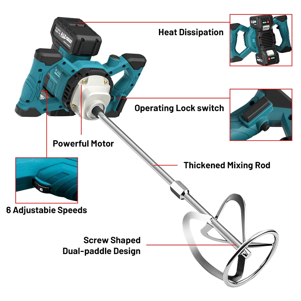 6 Speed Electric Paint Concrete Mixer Brushless Handheld Paddle Mix Mixer Adjustable Electric Mixing Rod For makita 18v battery