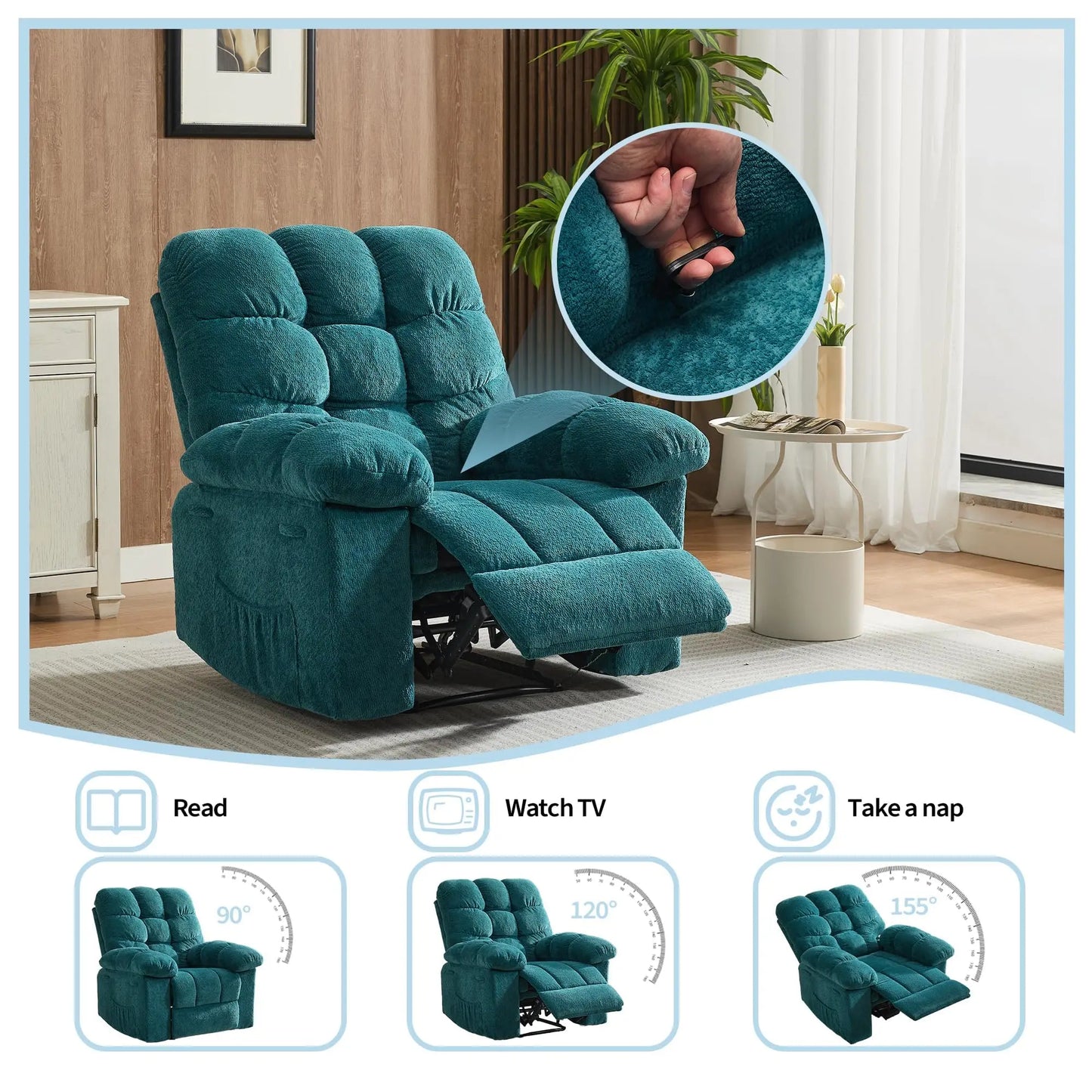 Manual Recliner Chair 300 Lbs Fabric Recliner With Side Pocket And Liftable Footrest Overstuffed Comfortable Single Sofa 155 Degree Oversized Recliner For Living Room Bedroom Relaxation