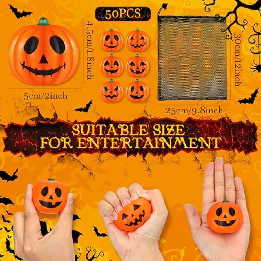 Halloween party favors: 2-inch pumpkin-shaped stress balls, foam material, orange color, soft squeeze relief for school carniva
