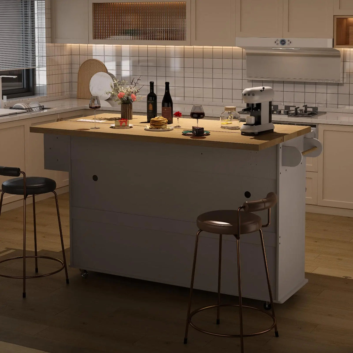 Onbrill Rolling Kitchen Island With Spice Rack And Drawer