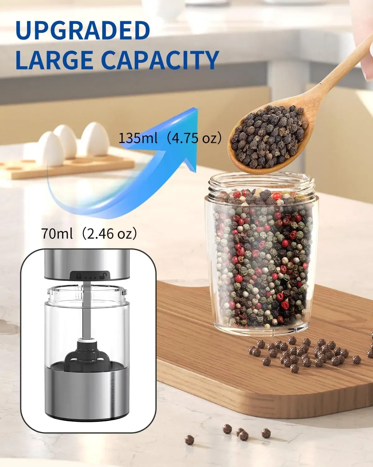 Gravity Electric Salt and Pepper Grinder Set Automatic Salt and Pepper Grinder Set with LED Light, Battery Operated, Adjustable Coarseness, Large Capacity, for Home Kitchen BBQ, Black