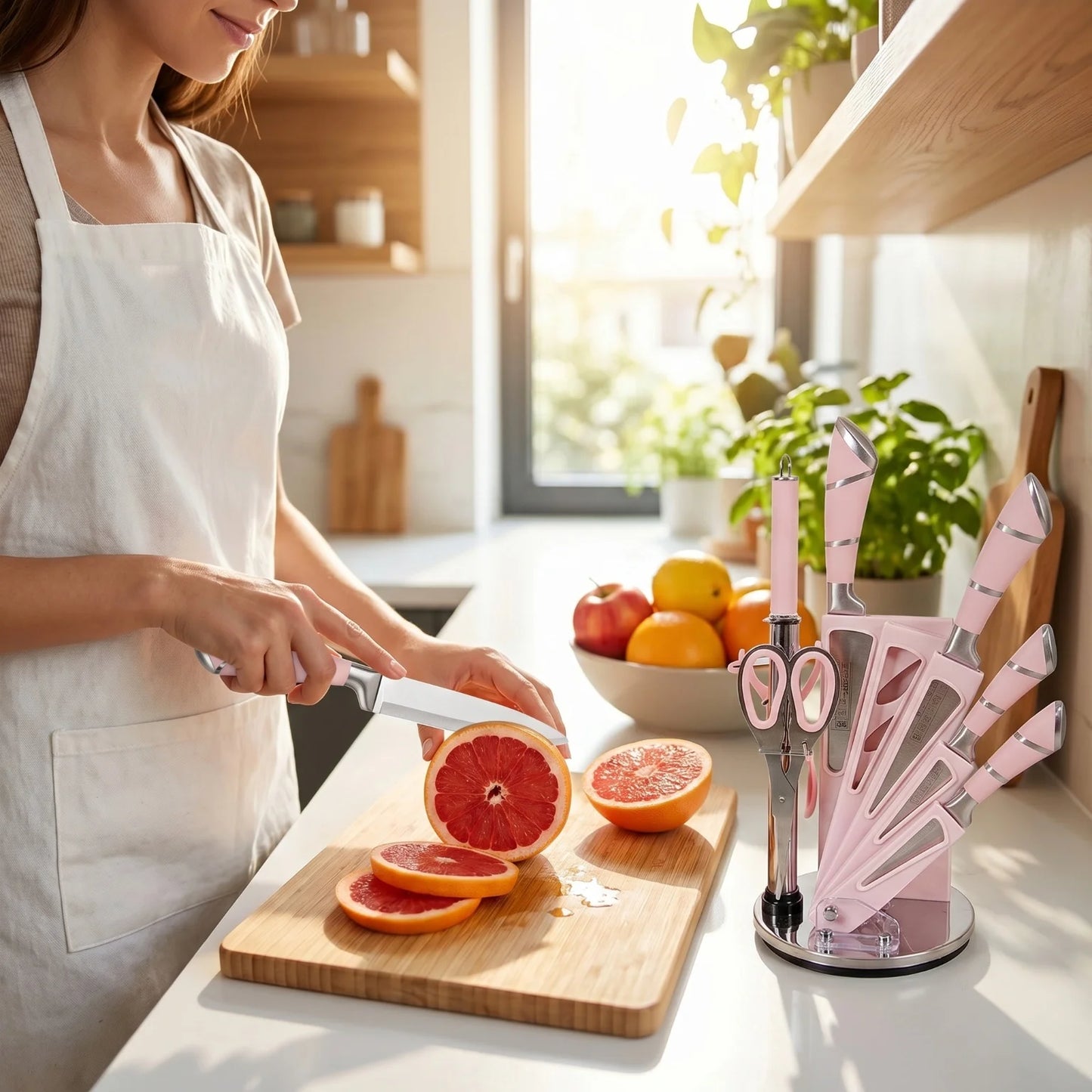 9 Pcs Pink Hollow Handle Stainless Steel Kitchen Knife Set with Rotatable Knife Block, Multipurpose Cooking Cutlery Kit Includes Chef Knife Cleaver Bread Knife Utility Paring Knife, Kitchen Scissors, Fruit Peeler and Sharpeni