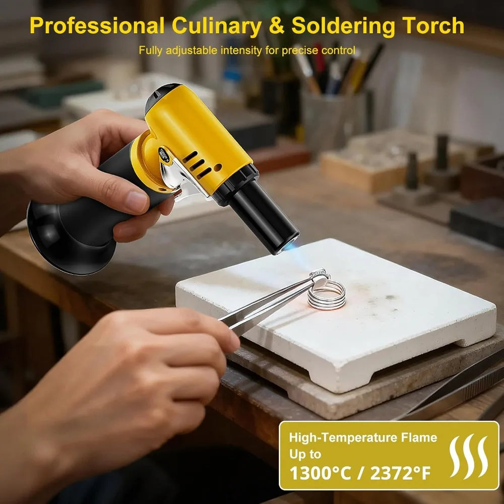 Butane Torch with Fuel Gauge, One-Hand Operation Kitchen Lighter, Adjustable Flame for BBQ, Baking, Brulee, Crafts & Soldering