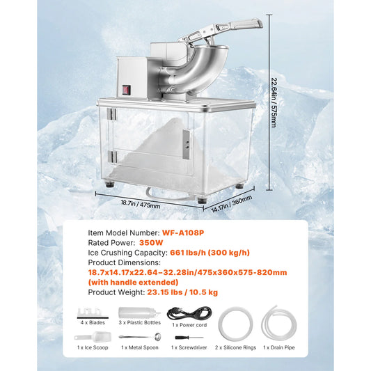 SucceBuy Commercial Ice Crusher 661LBS/H 350W Electric Snow Cone Machine Stainless Steel Shaved Ice Machine for Restaurants Bars