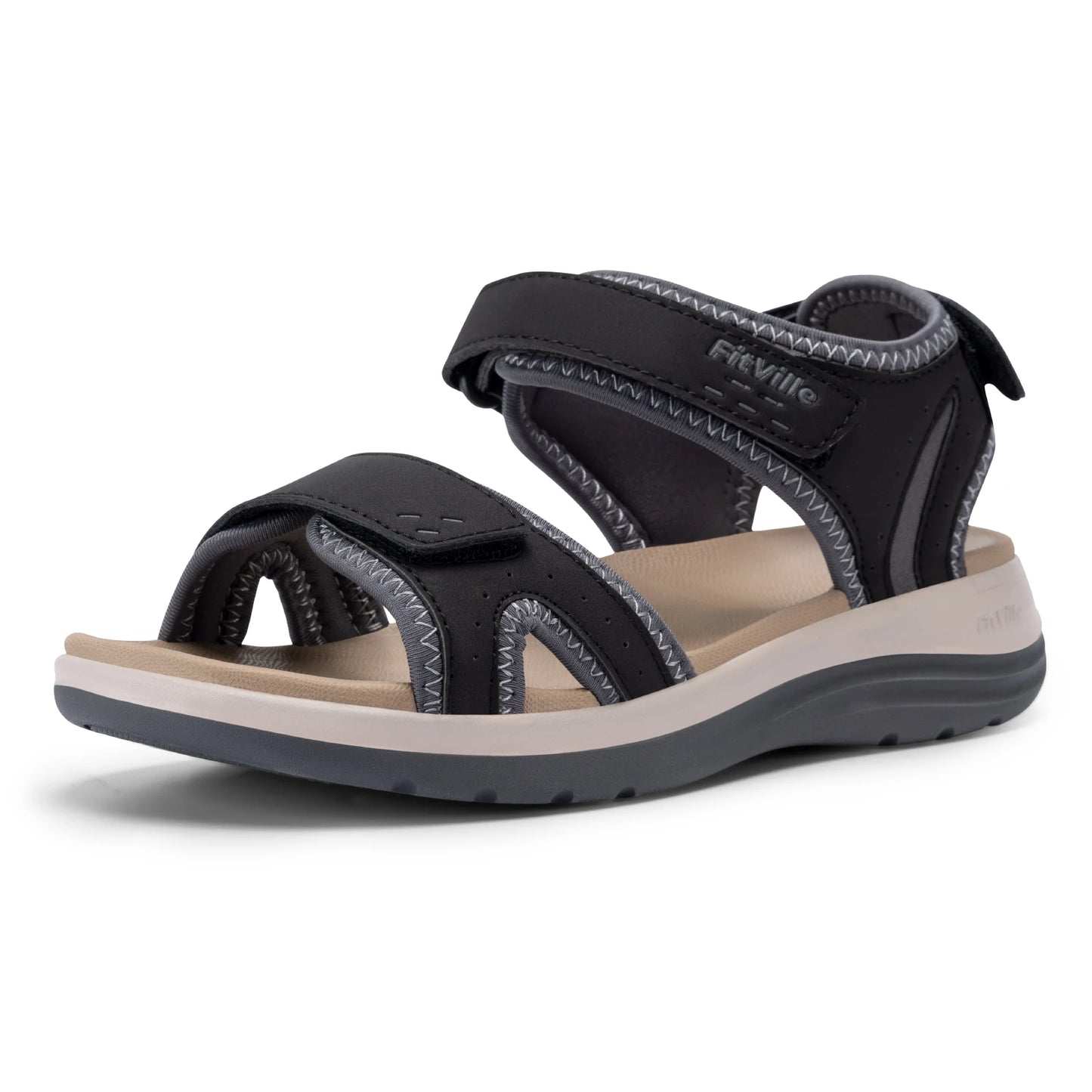 FitVille Women Orthopedic Summer Beach Flat Sandals Open Toe Orthotic Sandals Adjustable Ankle Strap, Wide Fit Arch Support Comfort Sandals for Swollen Feet, Flat Feet, High Instep & Foot Pain Relief