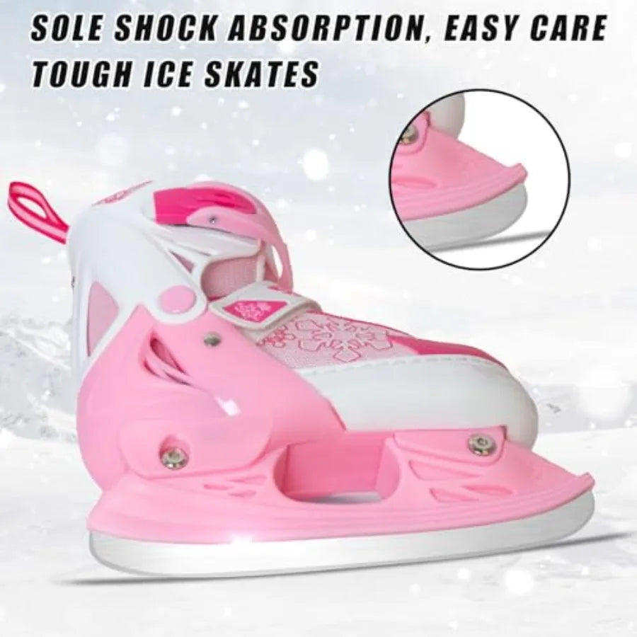 Adjustable Ice Skates - 4 Size Adjustable Hockey Lace-Up Skates with Warm Plush Lining, Triple Safety Ankle Support, Stainless