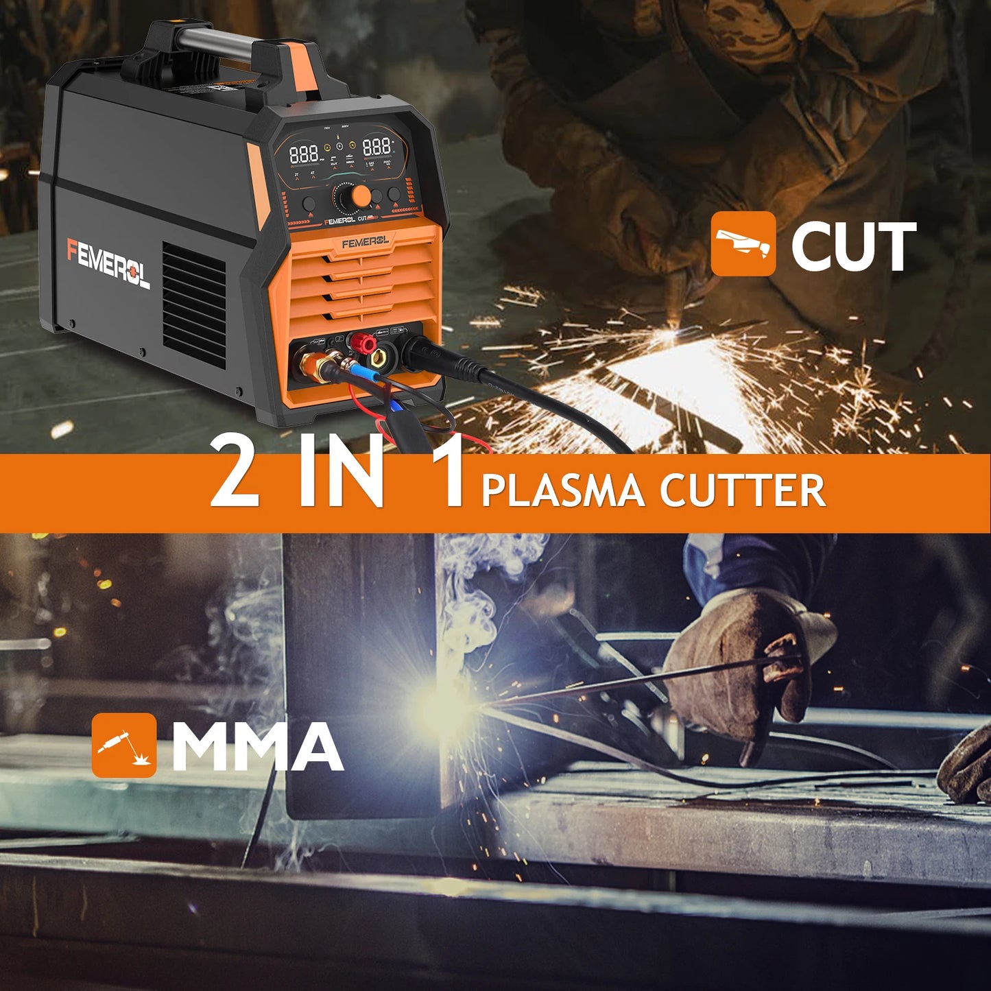 FEMEROL 2 In 1 60A Plasma Cutter 110/220V 200A Stick Welder Non-Touch Pilot Arc Large LED Display IGBT Plasma Cutting Machine