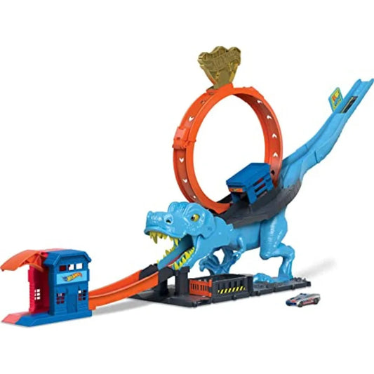 City Track Set with 1 Toy Car, Race Through a Giant Loop to Defeat a Big Dinosaur, T-Rex Loop Stunt and Race Playset