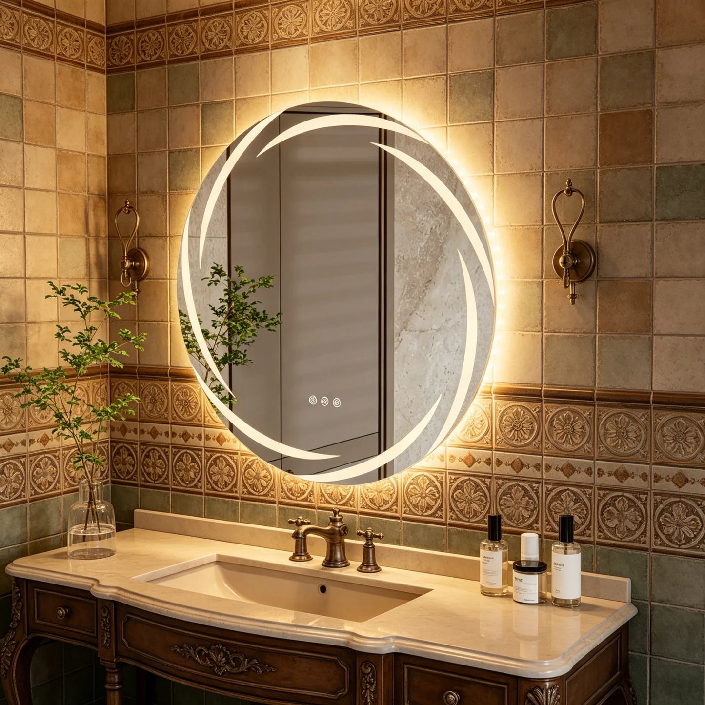 60/80CM LED Bathroom Mirror Circle Backlit HD Wall Antifog Vanity Mirror Shatterproof 3 Colors Lights Dimmable