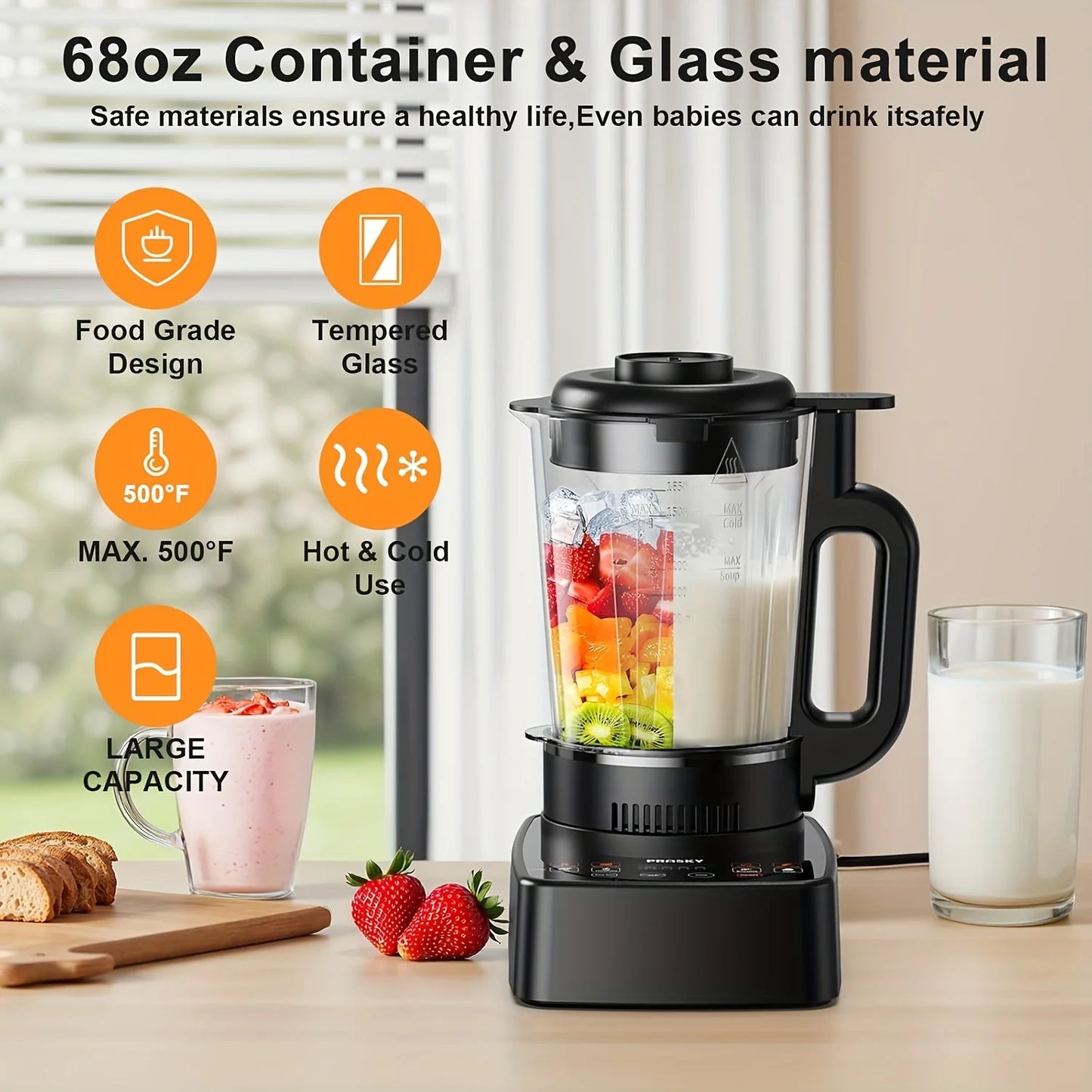 PRASKY 2400W Heating Blender 25000 RPM Heavy Duty Auto Clean Professional Blender For Smoothies Soups 55oz Glass Jar&A To-Go Cup